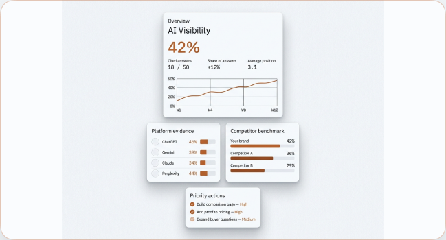 GeoItIs AI visibility overview with platform evidence, competitor benchmark and priority actions